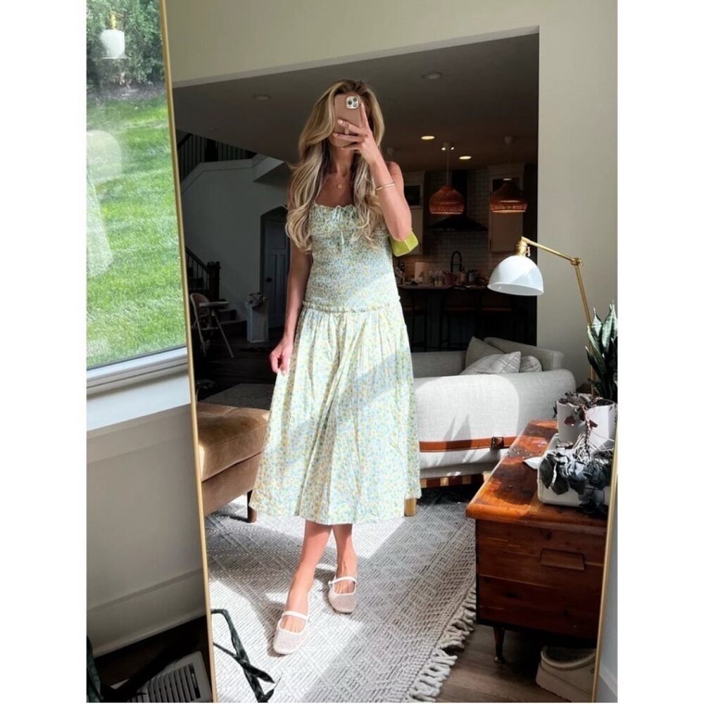 Free People Midi Floral Dress Baby Blue, Green and Yellow- size M - Picture 3 of 15